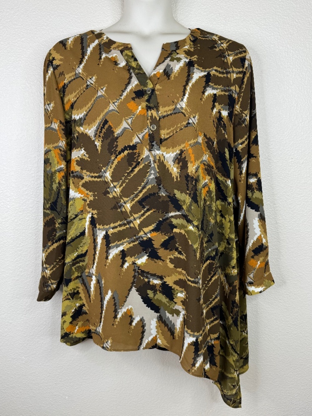 Susan Graver 28W Top Asymmetrical Hem Autumn Leaf Print Tunic Blouse Plus Size